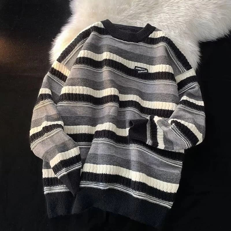 MNO.9 Sweater 722 เสื้อสเวตเตอร์ ไหมพรม ลายแถบ ปักอะไหล่ยาง