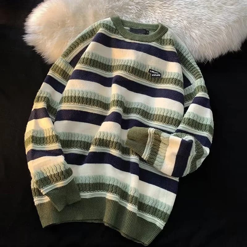 MNO.9 Sweater 722 เสื้อสเวตเตอร์ ไหมพรม ลายแถบ ปักอะไหล่ยาง